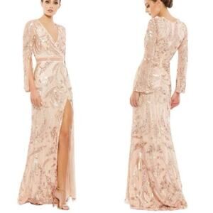 Mac Duggal 5222 Sequin Faux Wrap Split Long Sleeve Gown Size 8 New w/ Tag $598
